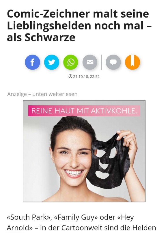 Comic-Zeichner malt seine Lieblingshelden noch mal â als Schwarze
Die Kombination aus Artikel und Werbung ist wohl unfreiwillig komisch. ð