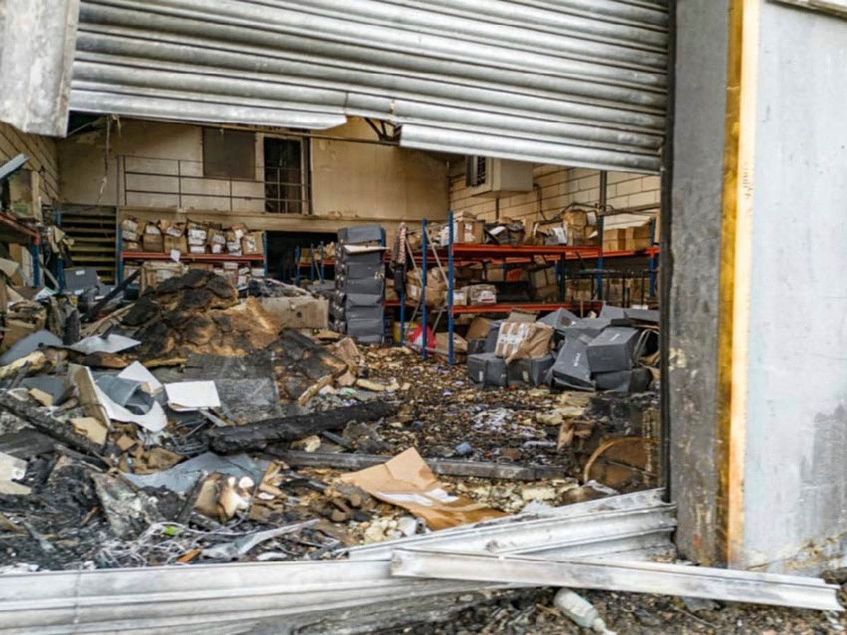 This undated handout photo taken in 2024 and provided by the London Metropolitan Police on Monday, June 9, 2025, shows damage to a warehouse in east London which was storing goods for Ukraine, after a ...