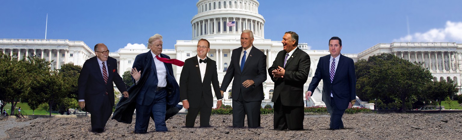 Giuliani, Trump, Mulvaney, Pence, Pompeo, Nunes (v. l.) verwandeln die Wiese vor dem Capitol in eine Jauchegrube.