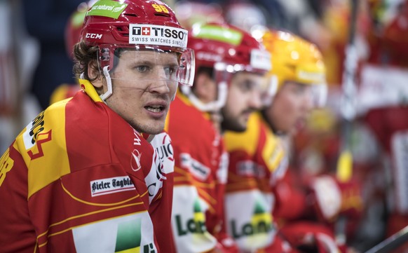 Biels Damien Brunner, beim Eishockey Meisterschaftsspiel der National League zwischen dem EHC Biel und den HC Davos, am Samstag, 19. Januar 2019, in der Tissot Arena in Biel. (KEYSTONE/Adrien Perritaz ...