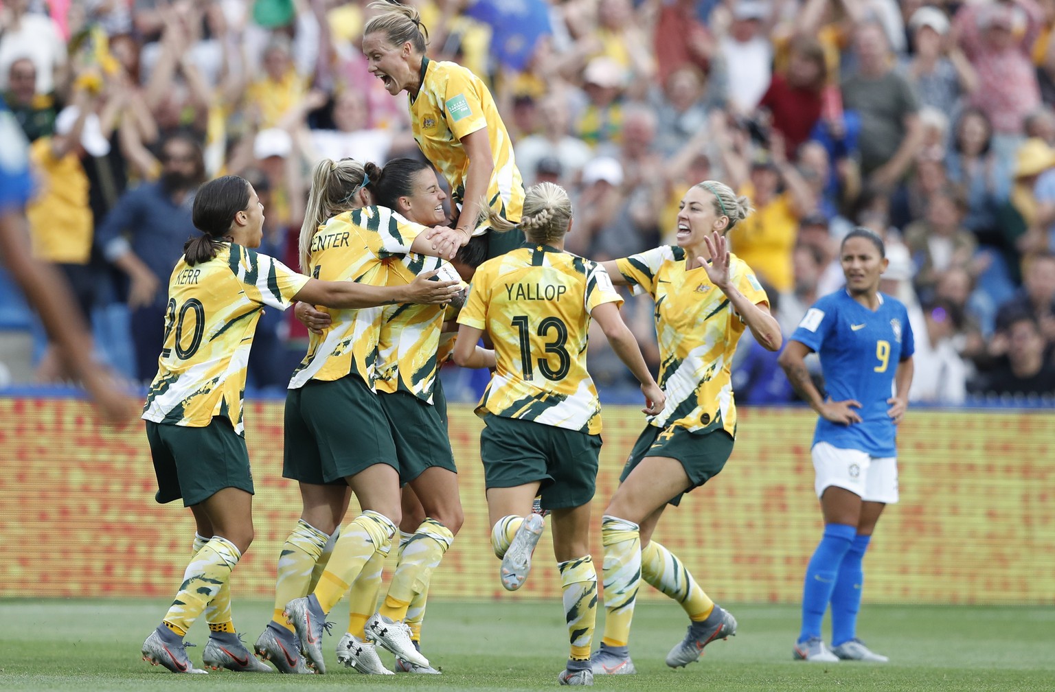 epa07646005 Chloe Logarzo of Australia celebrates a goal during the preliminary round match between Brazil and Australia at the FIFA Women&#039;s World Cup 2019 in Montpellier, France, 13 June 2019. E ...