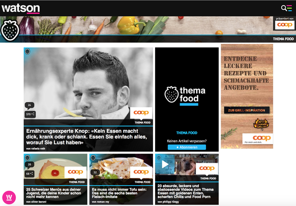Desktop-Ansicht der Tag-Front «Thema Food». Logo in Teasern und im Headerbild. Die Artikel können von Usern abonniert werden.