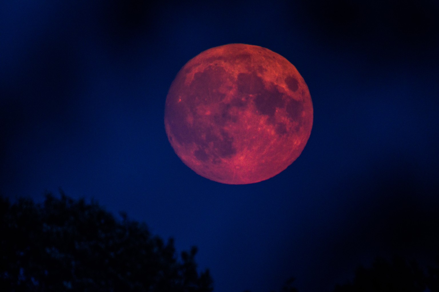 28.09.2023, Mecklenburg-Vorpommern, Bisdorf: Rot leuchtend geht der Mond auf. Am 29.09.2023 wird der n