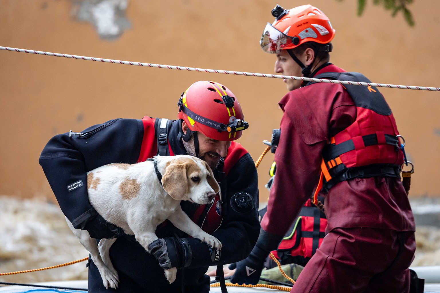 epa11606161 A firefighter carries a dog after evacuation from house in overfloating Bela river after heavy rain in town of Jesenik, Czech Republic, 15 September 2024. Floods caused by heavy rains have ...