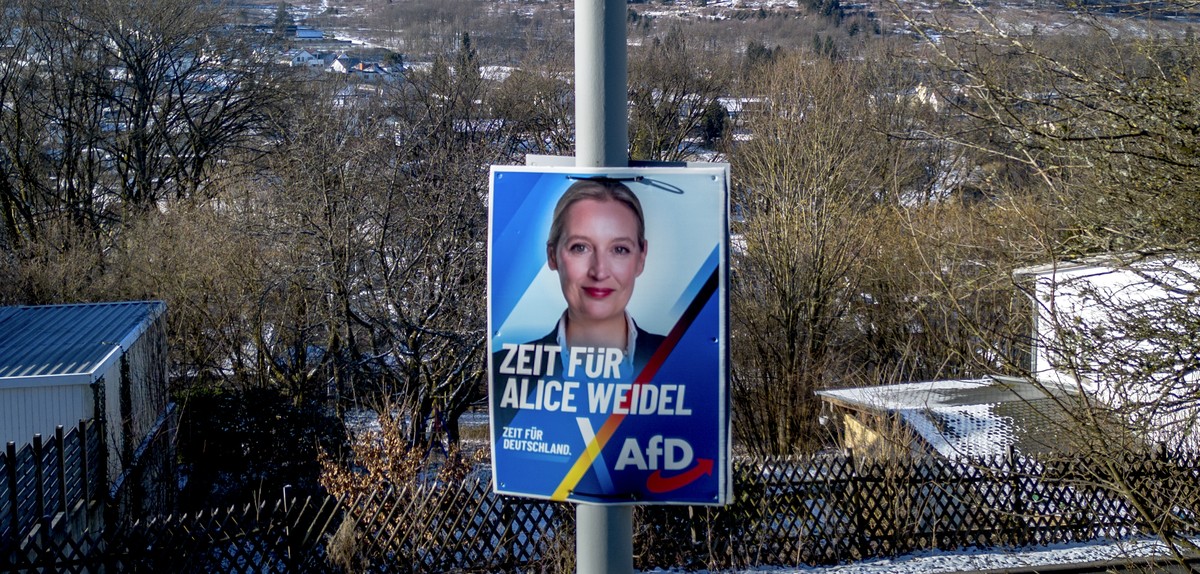 An election poster showing AfD top candidate for chancellor Alice Weidel is fixed on a lamp pole in Oberreifenberg near Frankfurt, Germany, Monday, Feb. 17, 2025. (AP Photo/Michael Probst)