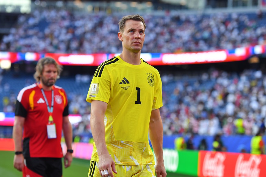 Germany goalkeeper Manuel Neuer (1) walks off the field after losing to Paraguay in a shootout during the World Cup round of 32 soccer match in Foxborough, Mass., near Boston, Monday, June 29, 2026. ( ...