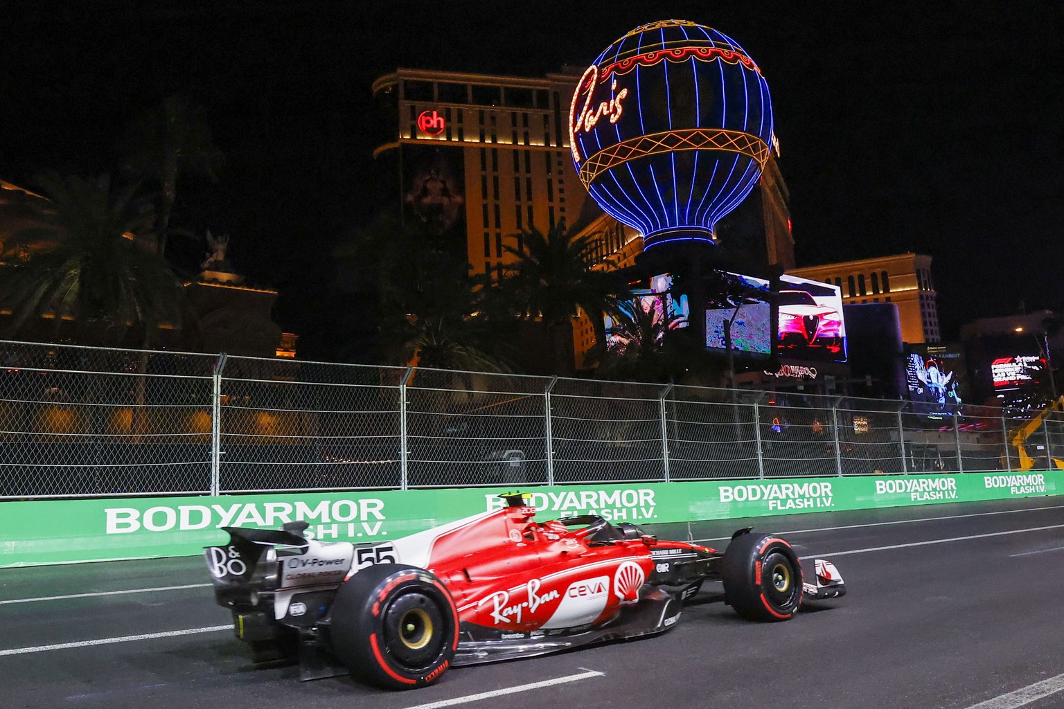epa10982049 Spanish Formula One driver Carlos Sainz Jr. of Scuderia Ferrari in action during the Qualifying session for the Formula 1 Las Vegas Grand Prix, in Las Vegas, Nevada, USA, 17 November 2023. ...