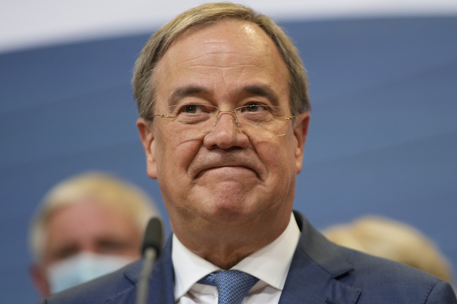 Armin Laschet, the top CDU candidate grimaces after the German parliament elections at the Christian Democratic Union, CDU, party&#039;s headquarters in Berlin, Sunday, Sept. 26, 2021. German voters a ...