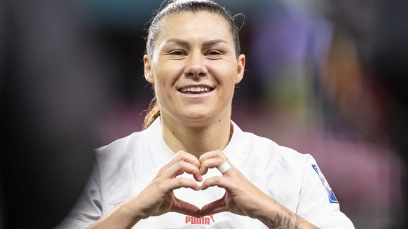 Switzerland's forward Ramona Bachmann celebrates after scoring a penalty goal during the FIFA Women's World Cup 2023 soccer match between Switzerland and Philippines at the Dunedin stadium i ...