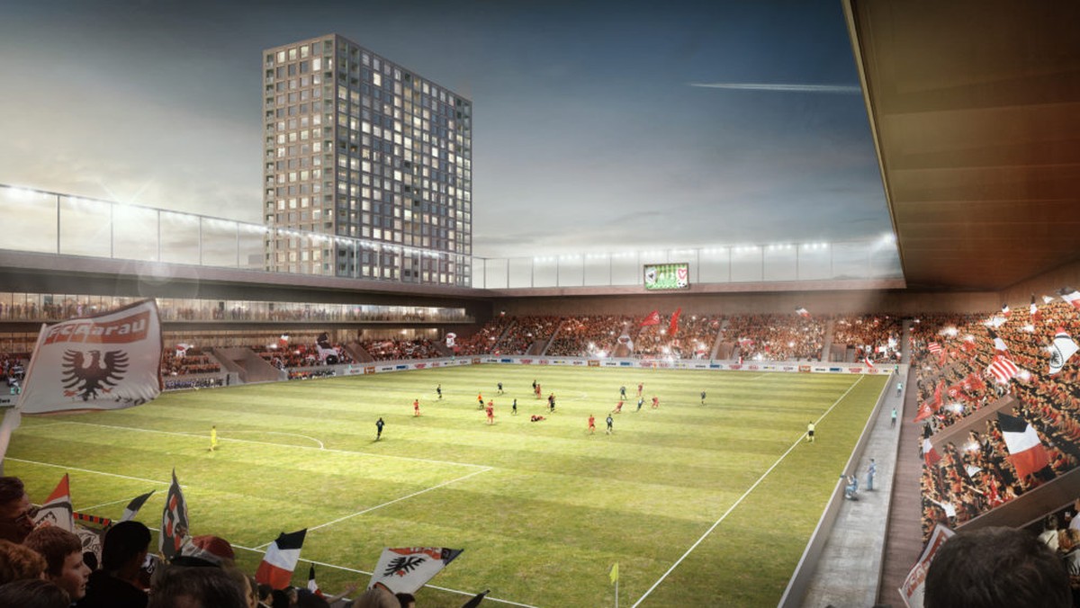 HANDOUT - Visualisierung Projekt Fussballstadio Torfeld Sued, Aarau. Das geplante Fussballstadion Torfeld Sued als Ersatz für das veraltete Bruegglifeld in Aarau hat am Sonntag, 24. November die letzt ...