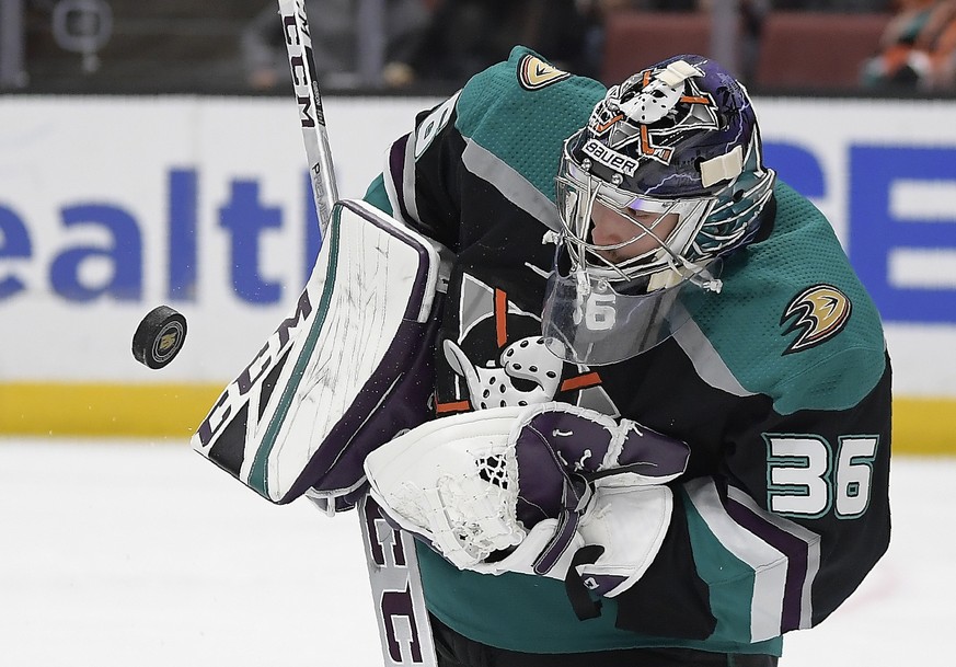 Anaheim Ducks goaltender John Gibson stops a shot during the third period of an NHL hockey game against the Tampa Bay Lightning Monday, Dec. 31, 2018, in Anaheim, Calif. (AP Photo/Mark J. Terrill)