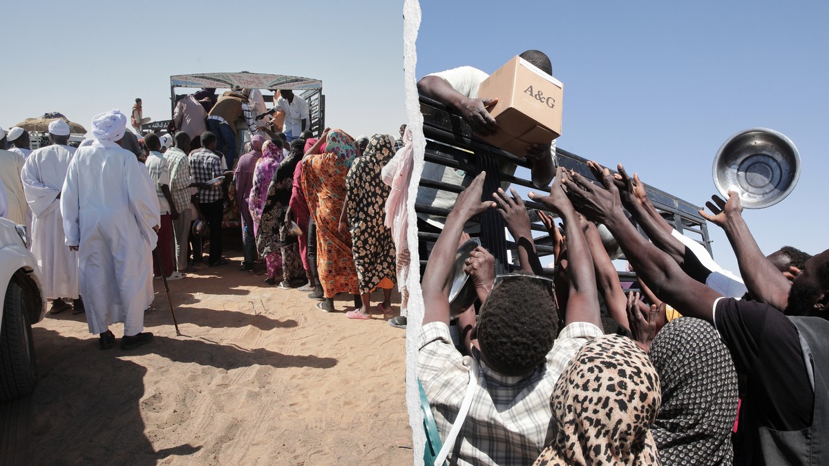 Des familles soudanaises déplacées d'El-Fasher tendent la main alors que des travailleurs humanitaires distribuent des vivres dans le camp nouvellement créé d'El-Afadh à Al Dabbah, dans l  ...