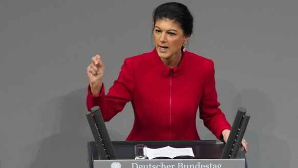 Sahra Wagenknecht of the BSW party speaks during a debate about migration at the German parliament Bundestag in Berlin, Germany, Wednesday, Jan. 29, 2025. (AP Photo/Markus Schreiber)