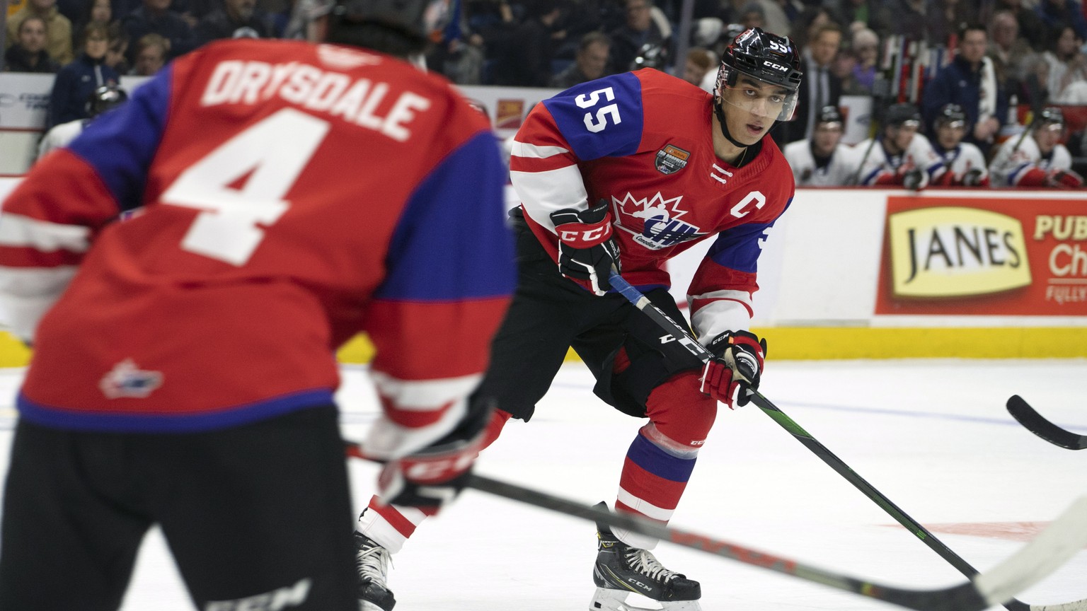 Team Red center Quinton Byfield (55) skates with the puck during the second period of the CHL Top Prospects hockey game in Hamilton, Ontario, Thursday, Jan. 16, 2020. (Peter Power/The Canadian Press v ...