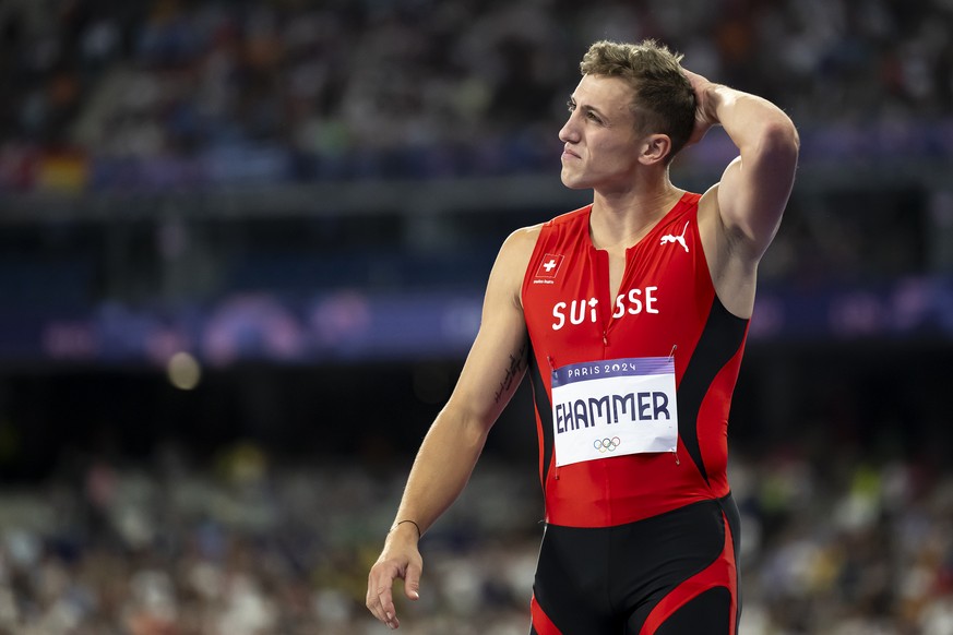 Simon Ehammer of Switzerland looks disappointed during the men's athletics long jump finals at the 2024 Paris Summer Olympics in Paris, France, Tuesday, August 6, 2024. (KEYSTONE/Anthony Anex)