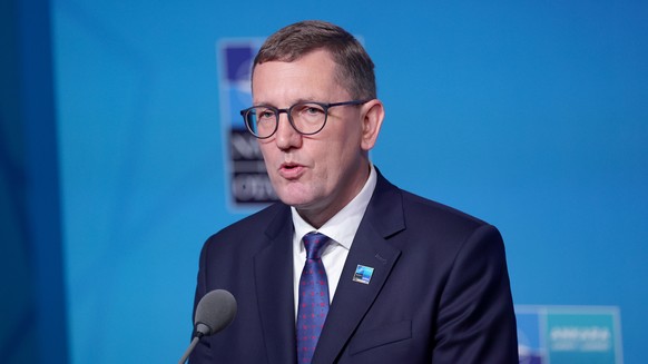 epa13097084 Estonia's Prime Minister Kristen Michal speaks to the media upon his arrival at the 2026 NATO Summit in Ankara, Turkey, 08 July 2026. The NATO Summit takes place from 07-08 July. EPA/ ...