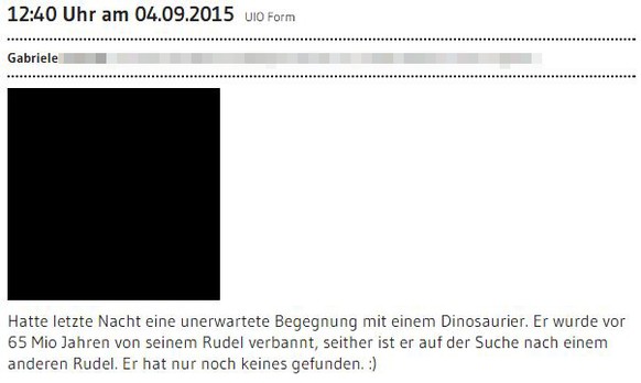 Â«Ich spÃ¼rte, wie mein Puls hochgingÂ»: Warum watson-User Andreas bei diesem Foto ziemlich mulmig zumute war (und welches wilde Tier hier zu sehen ist)
DINOSAURIER gesichtet!!! 

Soeben erreicht un ...