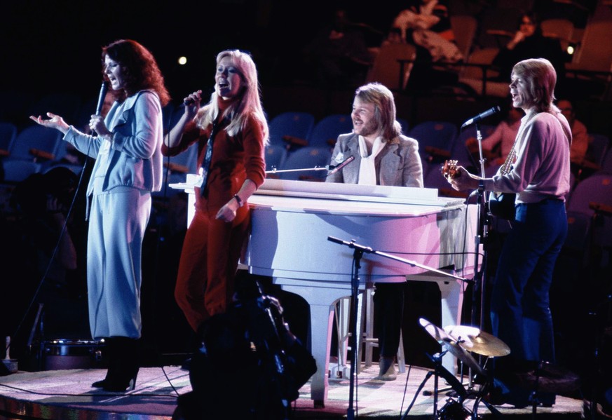 FILE - Abba, from left, Anni-Frid Lyngstad, Agnetha Foltskog, Benny Andersson and Bjorn Ulvaeus perform at United Nations General Assembly, in New York, during taping of NBC-TV Special, &quot;The Musi ...