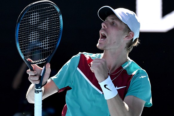 epa09707428 Denis Shapovalov of Canada reacts during his quarter final match against Rafael Nadal of Spain at the Australian Open Grand Slam tennis tournament at Melbourne Park, in Melbourne, Australi ...