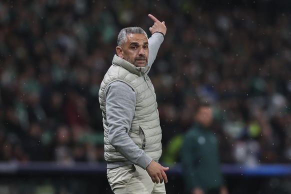 epa12874015 Sporting head coach Rui Borges reacts during the UEFA Champions League quarter-final first leg soccer match between Sporting CP and Arsenal FC at Jose Alvalade Stadium in Lisbon, Portugal, ...