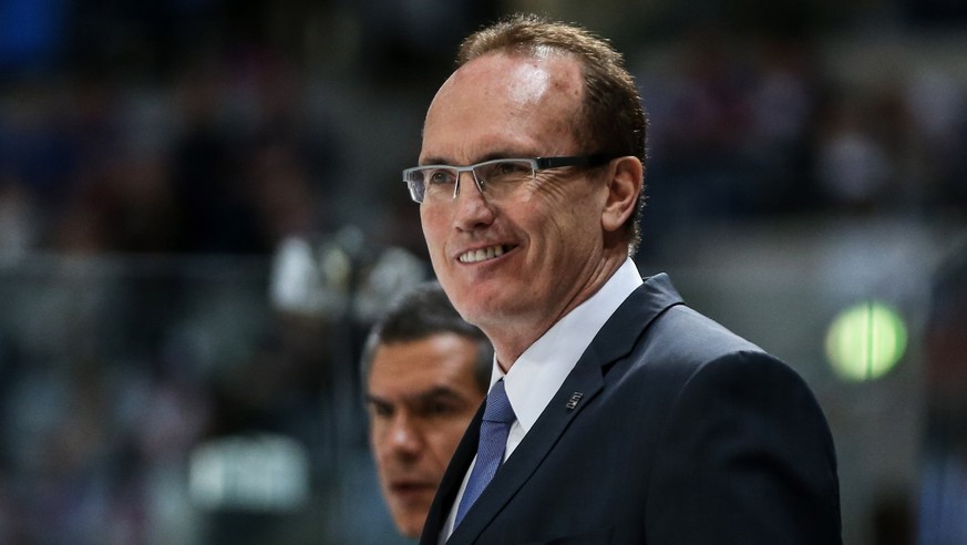 MANNHEIM, GERMANY - APRIL 10: Head coach Larry Huras of Ingolstadt smiles during the DEL Play-offs Final Game 1 between Adler Mannheim and ERC Ingolstadt at SAP Arena on April 10, 2015 in Mannheim, Ge ...