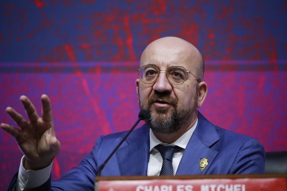 epa10306184 European Council President Charles Michel speaks to reporters during a press conference ahead of the G20 Leaders Summit in Bali, Indonesia, 15 November 2022. The 17th Group of Twenty (G20) ...