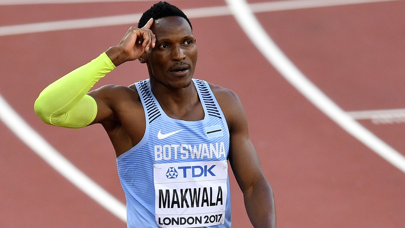 Botswana&#039;s Isaac Makwala reacts after winning his heat of the Men&#039;s 400 meters during the World Athletics Championships in London Sunday, Aug. 6, 2017. (AP Photo/Martin Meissner)