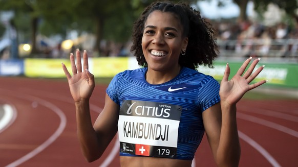 Switzerland&#039;s Mujinga Kambundji, reacts after winning the women&#039;s 100m race, at the Citius Meeting in the Athletics facility Wankdorf in Bern, Switzerland, Saturday, August 3, 2019. (KEYSTON ...