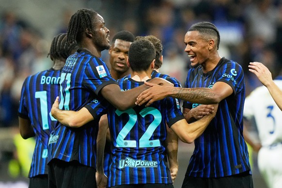 Inter Milan players celebrate after scoring during a Serie A soccer match between Inter Milan and Parma, in Milan, Italy, Sunday, May 3, 2026. (AP Photo/Luca Bruno)
Italy Serie A Soccer
