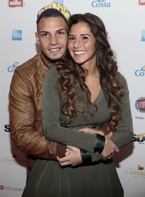 HAMBURG, GERMANY - DECEMBER 01: Pietro Lombardi and his wife Sarah Engels poses during the event &#039;Movie Meets Media&#039; at Hotel Atlantic on December 1, 2014 in Hamburg, Germany. (Photo by Oliv ...