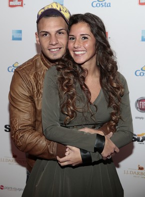 HAMBURG, GERMANY - DECEMBER 01: Pietro Lombardi and his wife Sarah Engels poses during the event 'Movie Meets Media' at Hotel Atlantic on December 1, 2014 in Hamburg, Germany. (Photo by Oliv ...