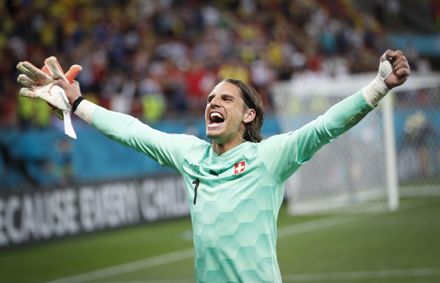 Switzerland&#039;s goalkeeper Yann Sommer celebrates saving the penalty kick of France&#039;s Kylian Mbappe during the Euro 2020 soccer championship round of 16 match between France and Switzerland at ...