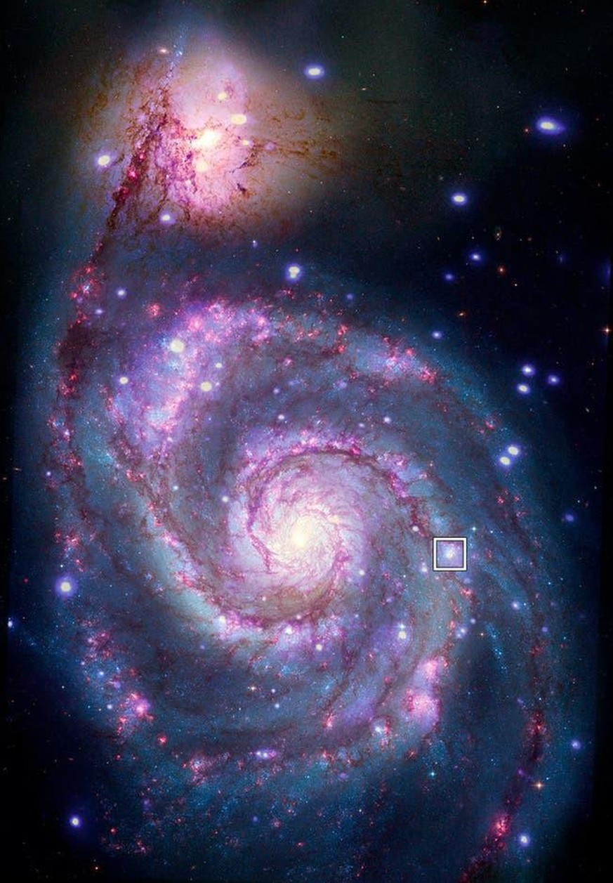 Messier 51, die Whirpool-Galaxie, mit der Position des potenziellen Exoplaneten. 