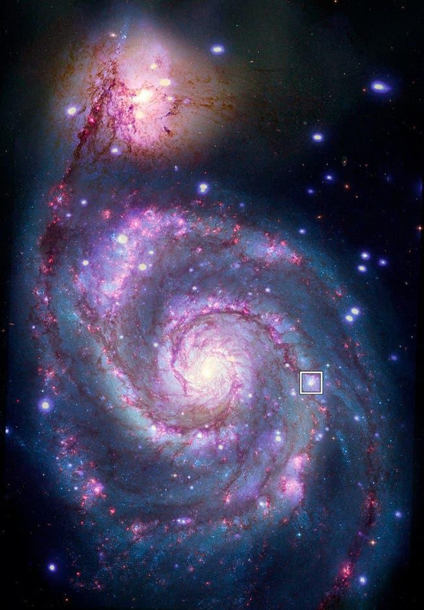 Die Galaxie Messier 51 mit der Position des Röntgendoppelsterns und des Exoplaneten.