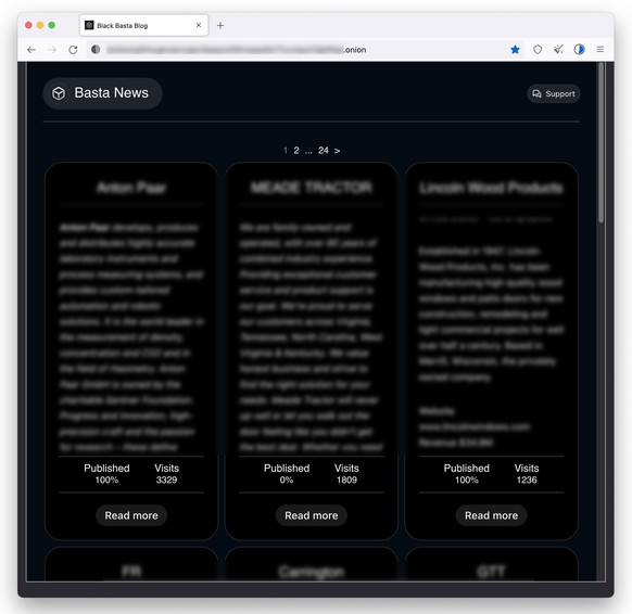 Screenshot: Leak-Site der Ransomware-Bande Black Basta im Darknet.