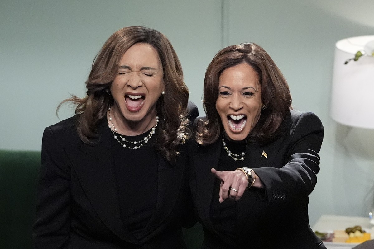 Democratic presidential nominee Vice President Kamala Harris, right, appears on NBC's "Saturday Night Live," with Maya Rudolph, left, Saturday, Nov. 2, 2024 in New York. Harris has made ...
