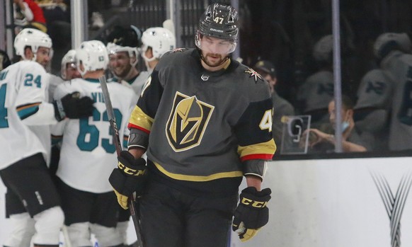 Vegas Golden Knights left wing Sven Baertschi (47) retreats towards center ice as the San Jose Sharks celebrate a goal by Sharks&#039; Adam Raska (57) in the second period of an NHL hockey preseason g ...