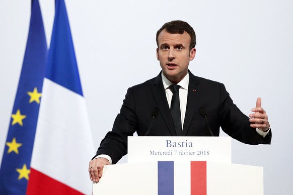 epa06503274 French President Emmanuel Macron delivers a speech at the Alb&#039;Oru cultural centre in Bastia, Corsica island, France, 07 February 2018. Macron during his visit, told nationalists on th ...
