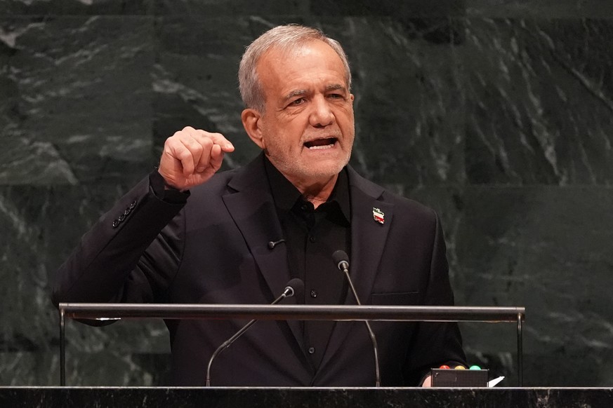 Iran's President Masoud Pezeshkian speaks during the 81st session of the United Nations General Assembly at United Nations headquarters, Wednesday, Sept. 23, 2026. (AP Photo/Heather Khalifa)
Maso ...