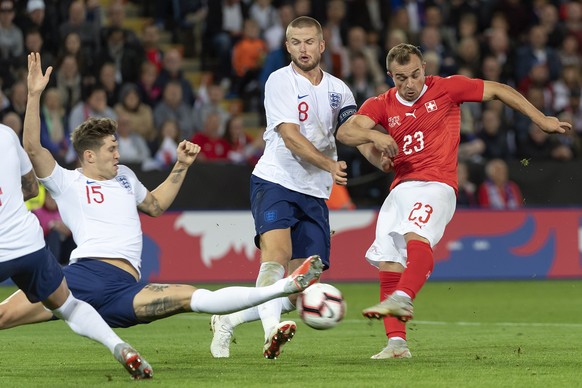 epa07013270 England&#039;s John Stones and England&#039;s Eric Dier, in action against Switzerland&#039;s Xherdan Shaqiri, from left, during the friendly soccer match between England and Switzerland a ...