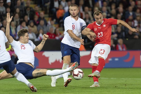 epa07013270 England&#039;s John Stones and England&#039;s Eric Dier, in action against Switzerland&#039;s Xherdan Shaqiri, from left, during the friendly soccer match between England and Switzerland a ...