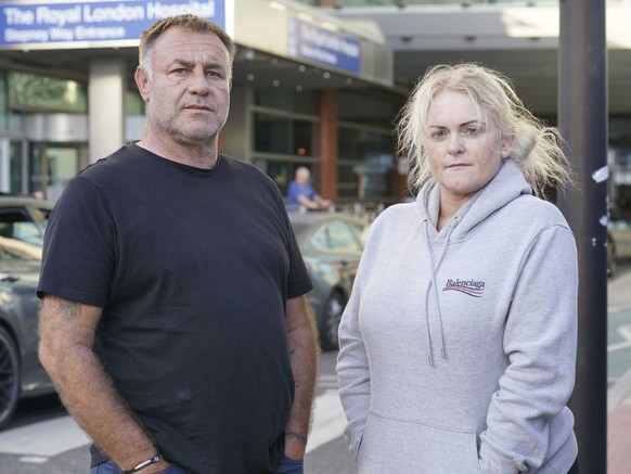 The parents of Archie Battersbee, Paul Battersbee and Hollie Dance, speak to the media outside the Royal London hospital in Whitechapel, east London, Tuesday Aug. 2, 2022. Archie Battersbee, 12, was f ...