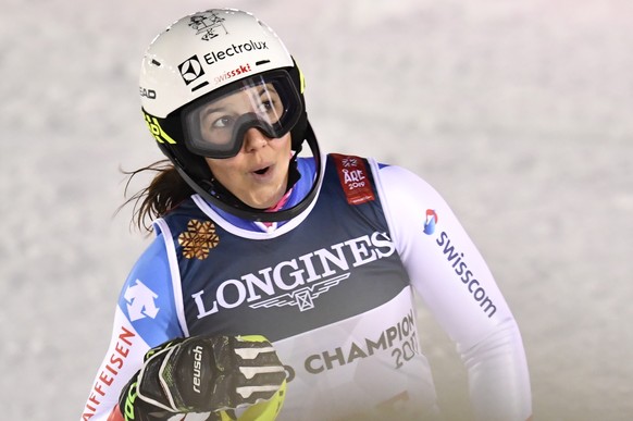 epa07353046 Wendy Holdener of Switzerland reacts in the finish area during the Slalom run of the women&#039;s Alpine Combined race at the FIS Alpine Skiing World Championships in Are, Sweden, 08 Febru ...