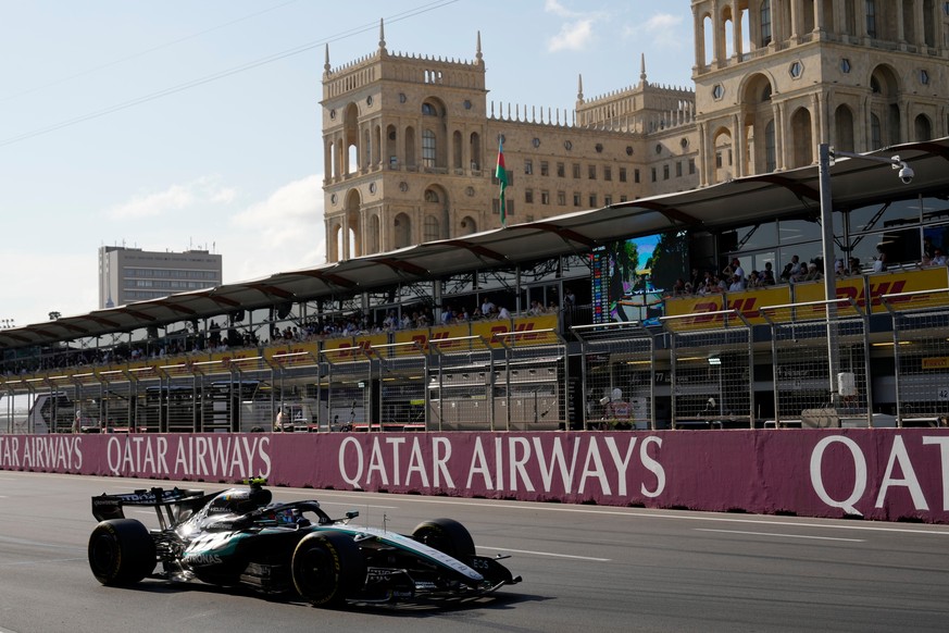 Mercedes driver Andrea Kimi Antonelli of Italy steers his car during the Azerbaijan F1 Grand Prix auto race, in Baku, Azerbaijan, Saturday, Sept. 26, 2026. (AP Photo/Darko Bandic)
Andrea Kimi Antonell ...