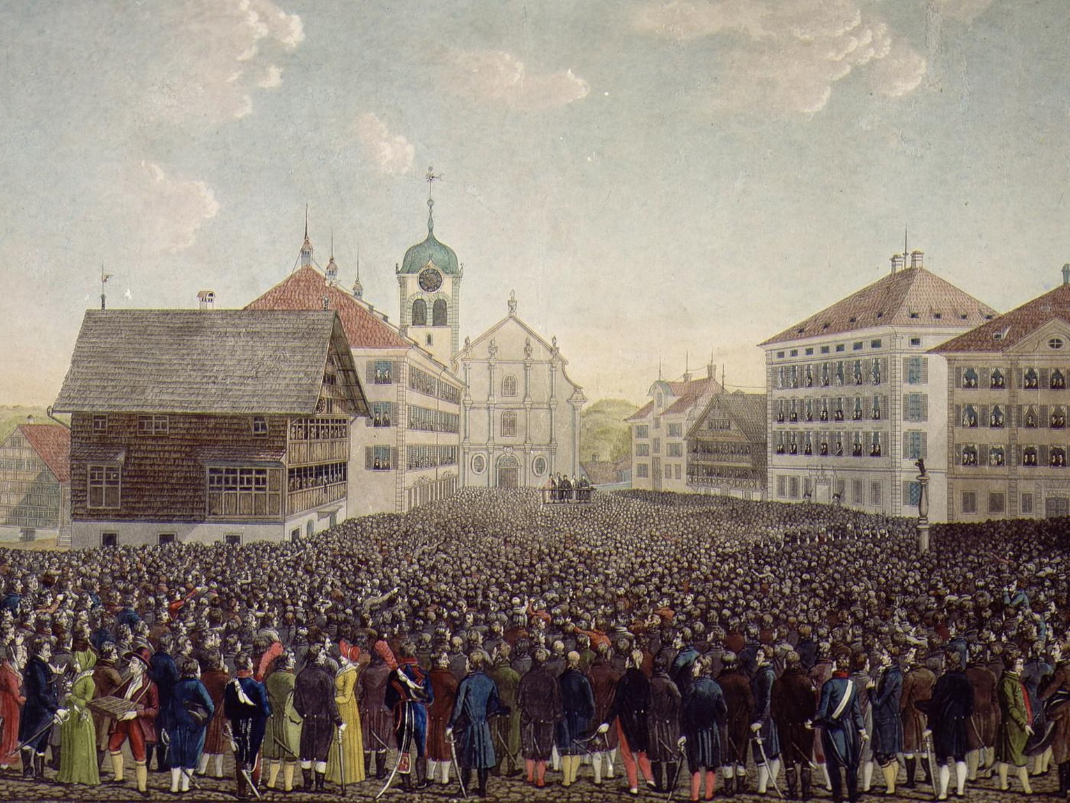 Wer darf hier mitbestimmen? Die Landsgemeinde in Trogen AR. Darstellung von Johann Jakob Mock, 1814.
https://de.wikipedia.org/wiki/Datei:Landsgemeinde_Trogen_1814.jpg