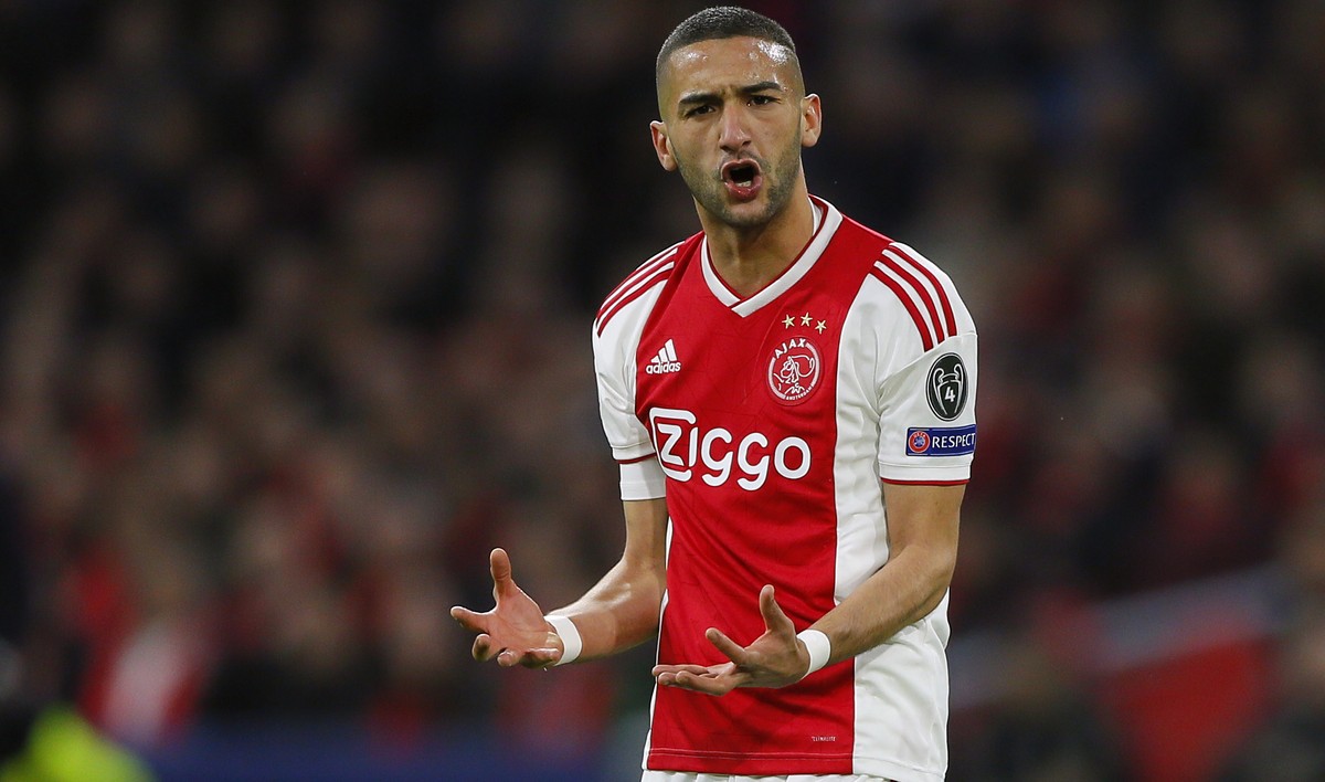 Ajax's Hakim Ziyech reacts during the Champions League quarterfinal, first leg, soccer match between Ajax and Juventus at the Johan Cruyff ArenA in Amsterdam, Netherlands, Wednesday, April 10, 20 ...