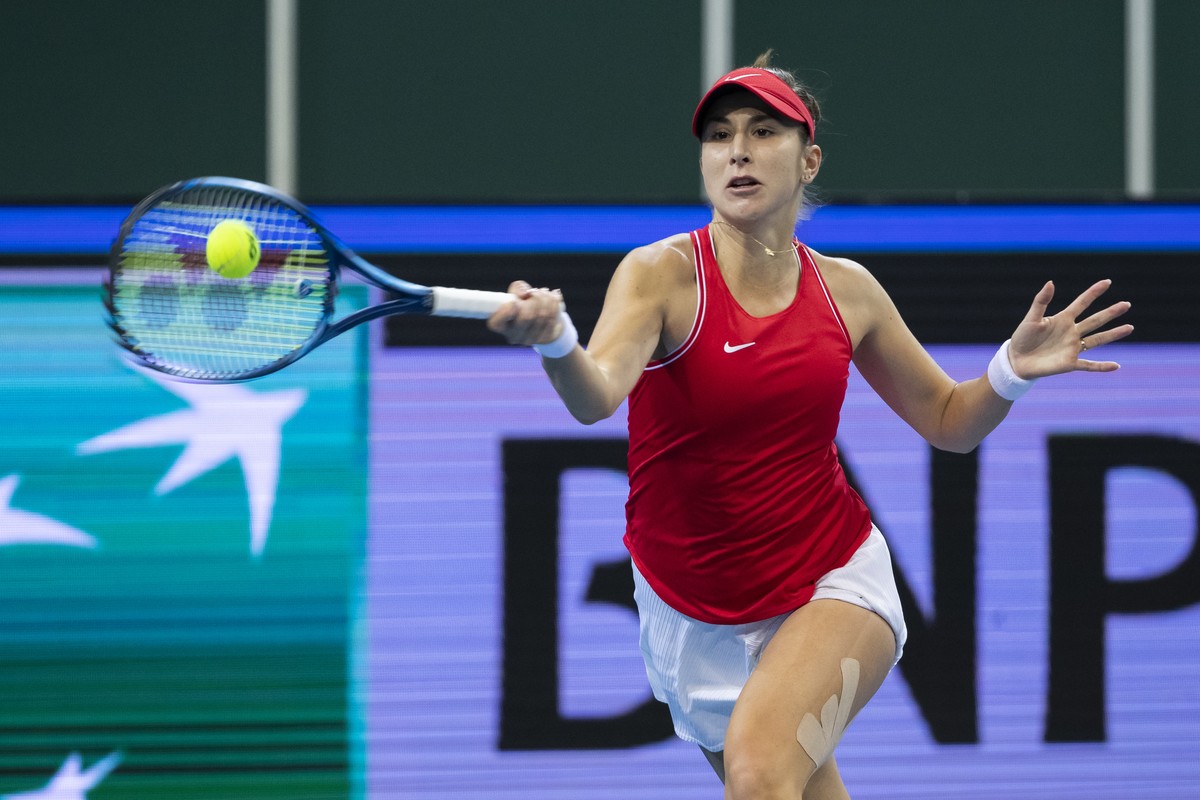 Switzerland's Belinda Bencic in action during her Billie Jean King Cup final tennis match against Russia's Liudmila Samsonova in Prague, Czech Republic, Saturday, November 6, 2021. (KEYSTONE ...