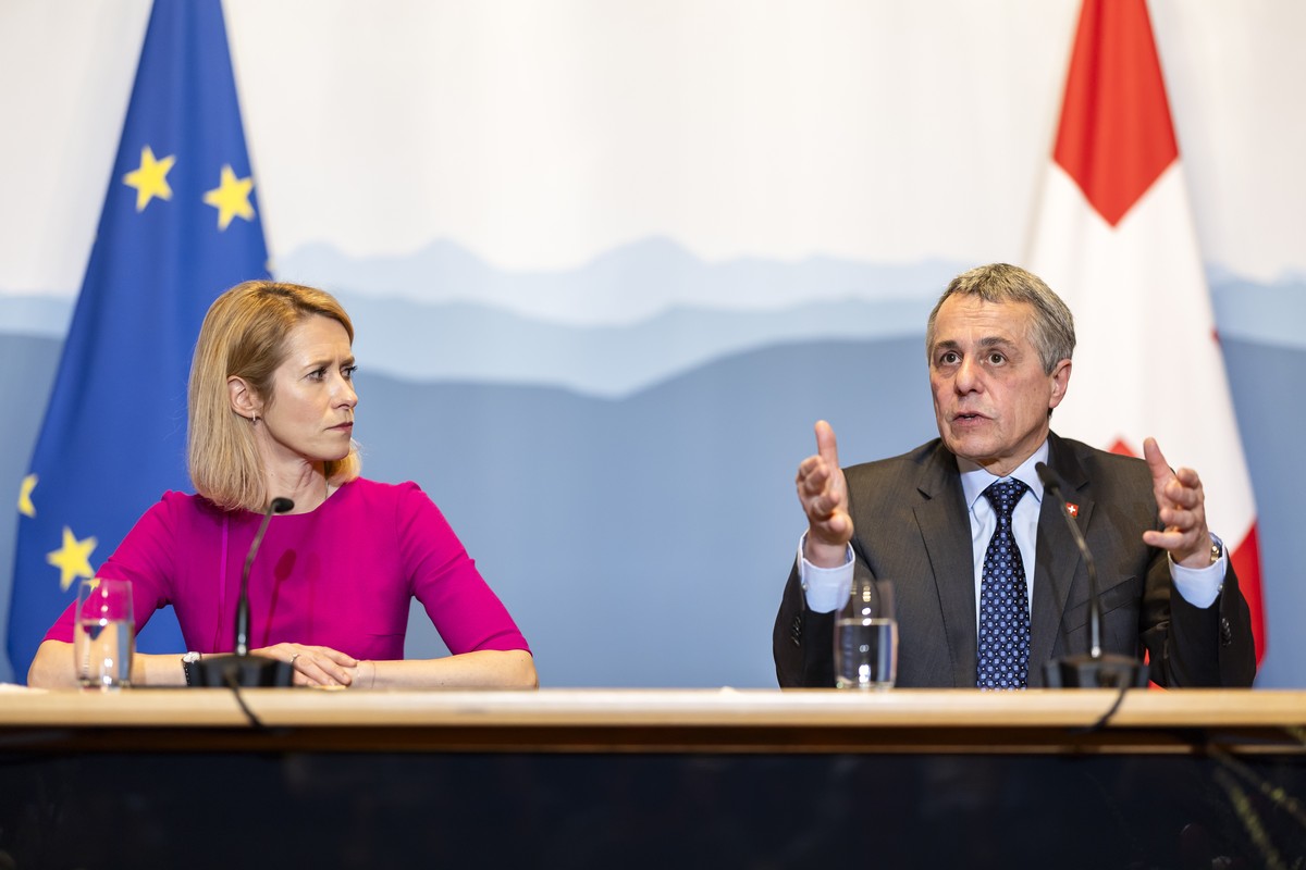 European Union foreign policy chief Kaja Kallas, left, and Ignazio Cassis, Swiss Federal Councillor and Minister of Foreign Affairs, right, hold a press briefing at University of Zurich on Thursday, M ...