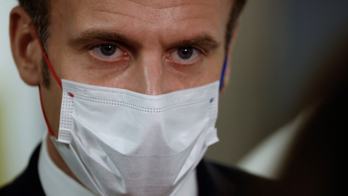 epa08834445 French President Emmanuel Macron listens during a visit to the 2020 Phoneton, an annual fundraising operation organised by the Hayastan All-Armenian Fund's French affiliate (Fonds Arm ...