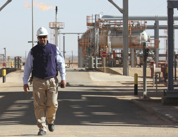 FILE - This Sunday, Dec. 14, 2008 file picture shows a worker inspecting the Krechba gas plant on the In Salah gas field in Algeria's Sahara Desert, some 1,200 kilometers (720 miles) south of the ...